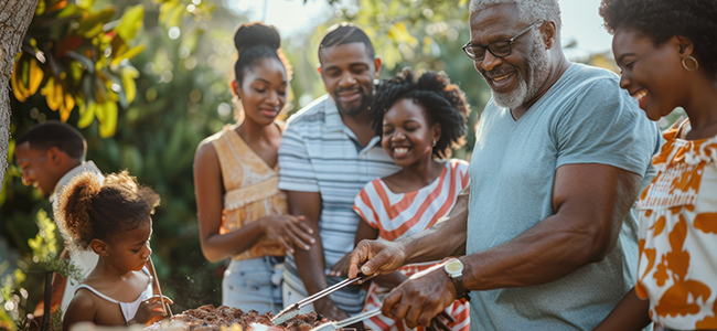happy multigenerational family outdoors on garden barbecue, grilling, activity on holiday at backyard.