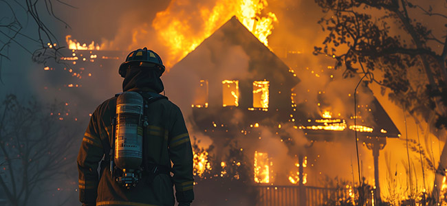 firefighter facing a fully engulfed house fire at dusk
